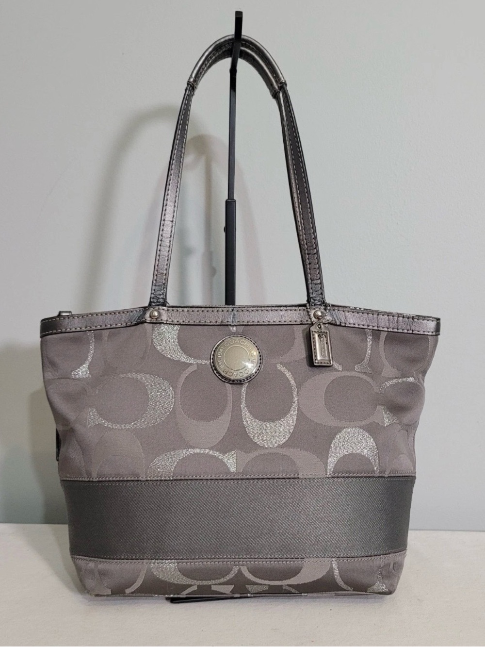 Coach Signature Metallic Stripe Tote Bag F20429 Silver Gray Canvas Leather Trim